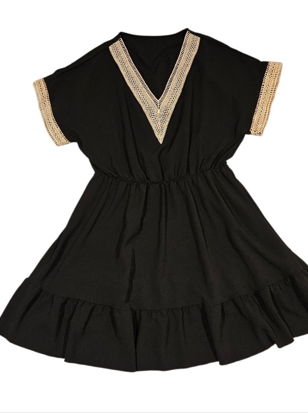 SHEIN Women's XL Black Boho Babydoll Dress with Cream Crochet V-Neck and S/S - Picture 1 of 11